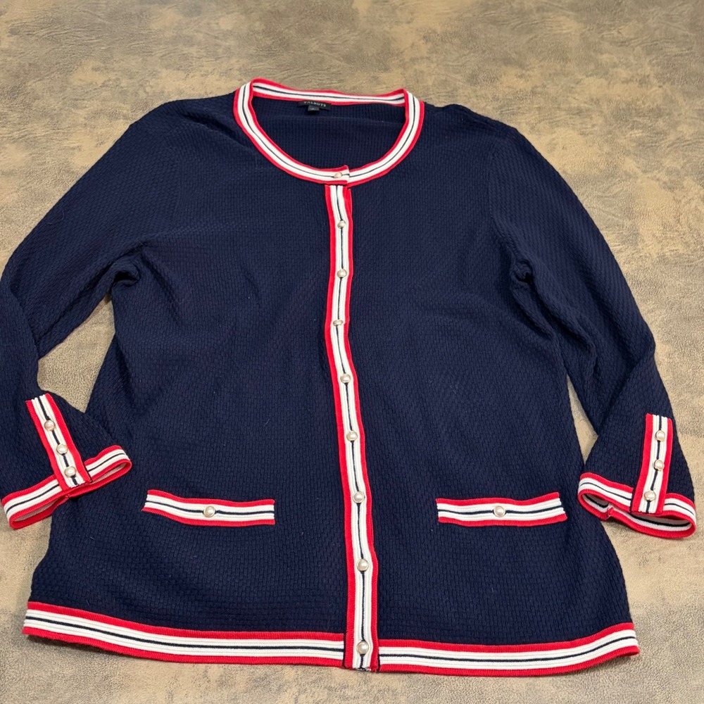 Talbots Cardigan Sweater Womens Large Navy Blue Red White Stripe Pearl Button